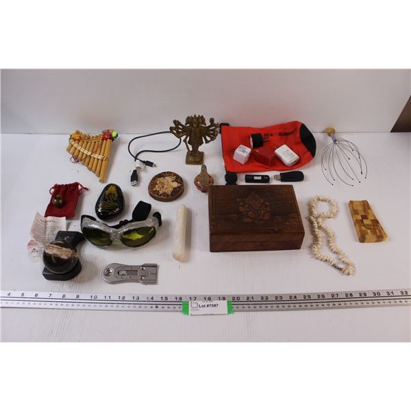 Pan Flute, Head Scratcher, Crystals, Wood Turtle Box, Shell Necklaces, USB Blocks, Hindu Statues, Mi