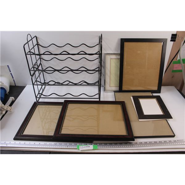 (5) Picture Frames - Assorted Sizes & Metal Wine Rack - 18" x 16" x 9"
