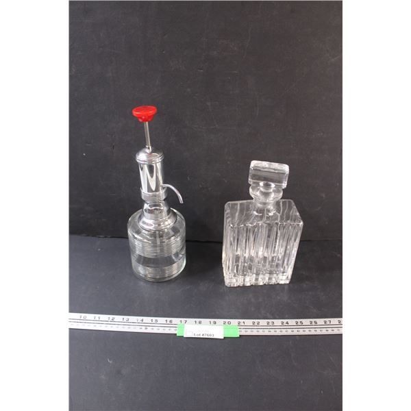 Clear Glass Decanter & Liquor Pump w/Glass Bottle