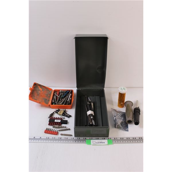 Lot: Drill Bits - Assorted, Socket Adapters - Assorted, in Metal Box