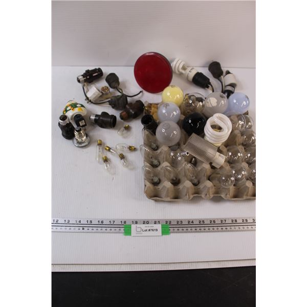 (24) Household Light Bulbs - Assorted & Heat Lamp Bulbs & Socket Plugs - As is