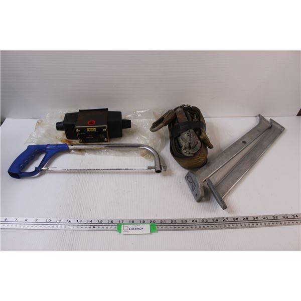 Parker Hydraulic Pump, Heavy Duty Ratchet Strap, Hack Saw, (2) Metal Supports