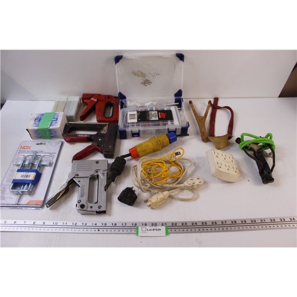 Sling Shot, Heat Shrink Kit, Staple Guns & Staples, Handle & Sleeve Puller (NIB), Electrical Plugs, 
