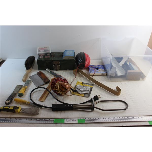 Electric Charcoal Starter. Tool Box, Brush, Slingshot Ammo Balls, Crimprite Rings and Assorted Items