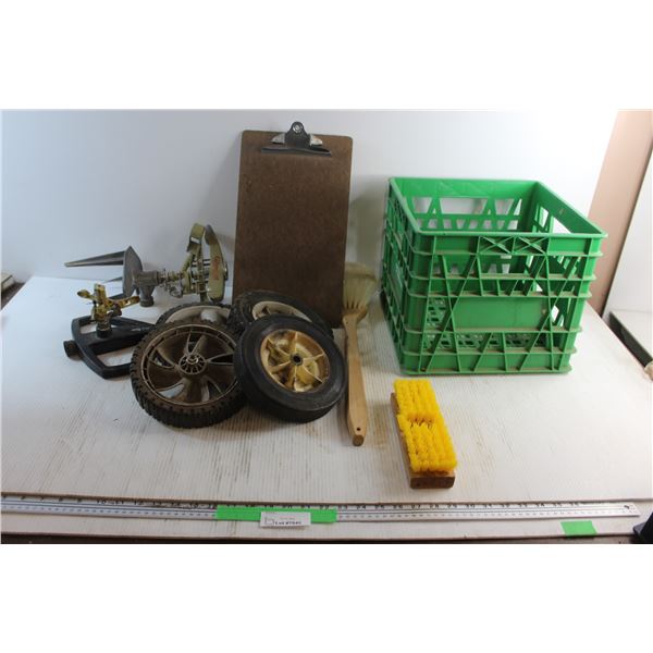 Clip Board, Garden Sprinklers, Hand Trolley Cart Wheels, Brushes and Plastic Crate