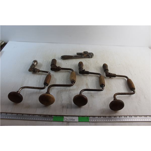 (4) Vintage Hand Drills and Plumber Wrench