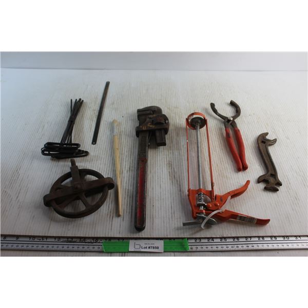 Curved & Plumber Wrenches, Caulking Gun, T Shaped Hex Wrenches, Saw Blade and Assorted Items