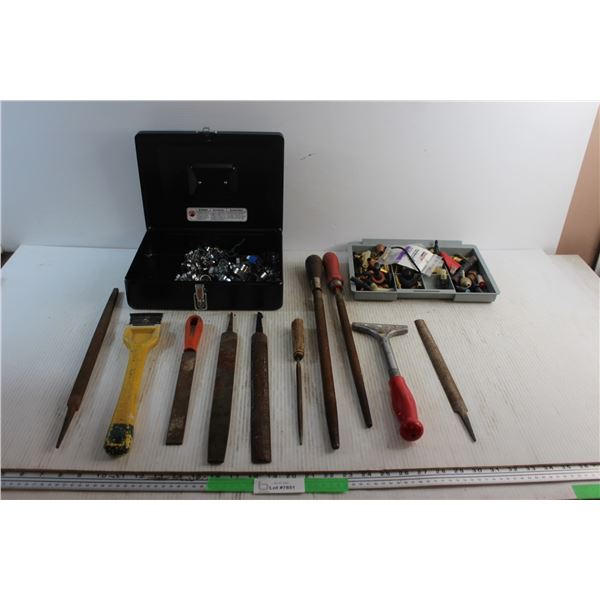(8) Metal Files, (2) Scrapers and Hose Clamps, Hose Barbs & Small Parts Box