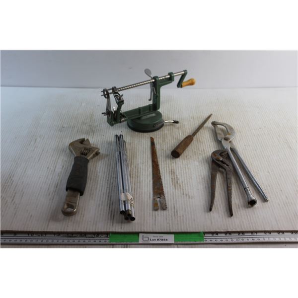 Apple Peeler, Brake Alignment Tool, Adjustable Wrenches, Metal File, Rods and Saw Blade