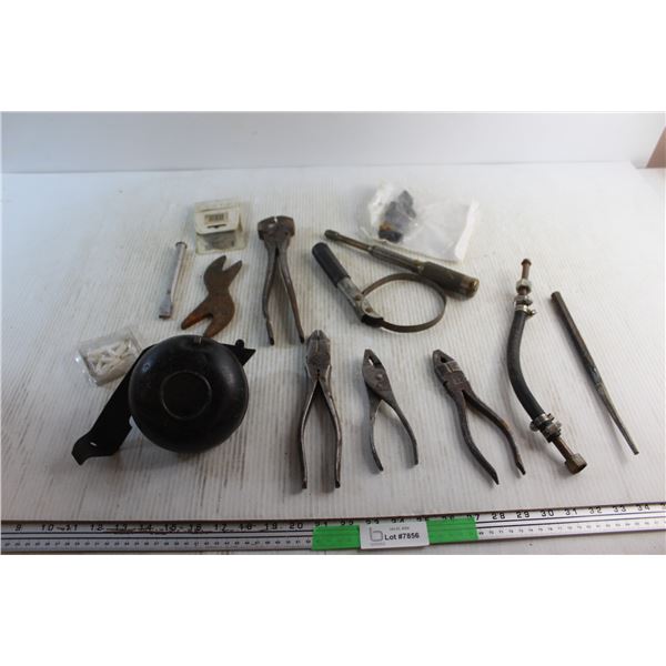 Pliers, Nail Puller, Chisel, Vintage Car Horn Made in Canada and Assorted Items
