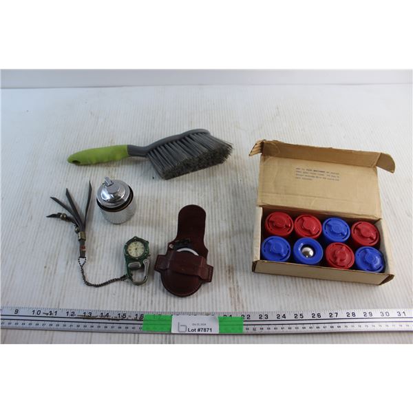 Shuffle Board Sliders, Brush, Desk Lighter and Pedometers - As Is