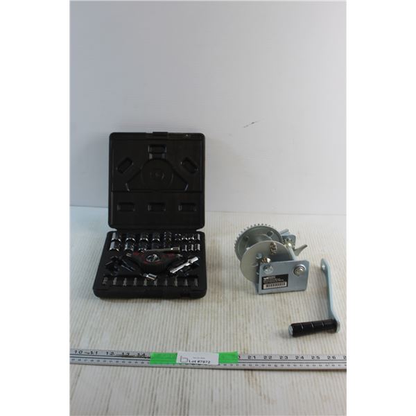 Multi Socket Wrench and Sockets Set and Rhino 800lb Hand Winch