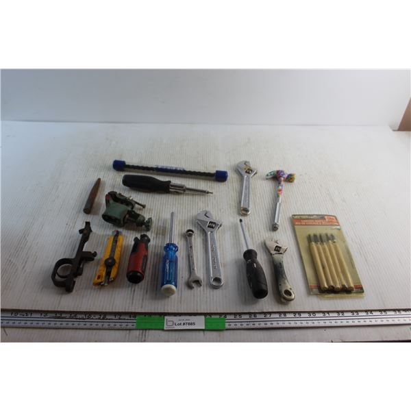 Carving Knife Set, Gun Trigger Part, Adjustable Wrenches, Hammer, Chisel and Assorted Tools