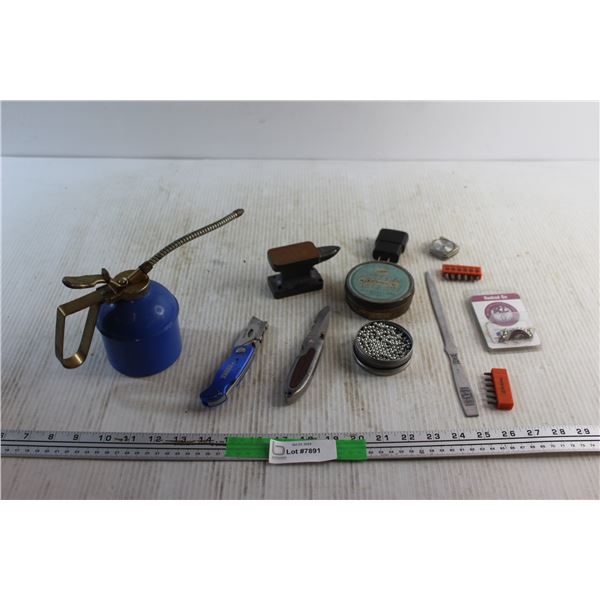 (2) Foldable Knives, Oil Can, Slingshot Metal Ammo, Letter Opener, Hooked On Key Chain and Assorted 