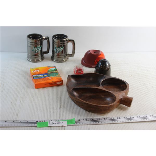 (2) Collectible Roughriders Mugs, (3) Electric Pencil Sharpeners - Tested, Wooden Serving Tray and M
