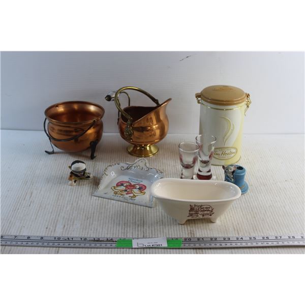 Liquor Shots, Copper Pots, Collectible Tim Hortons Storage Tin, Soap Dish and Assorted Items