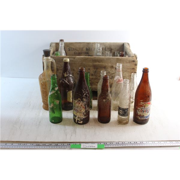 Vintage Wooden Pepsi Cola Crate and (26) Vintage Pop Glass Bottles