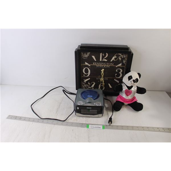 RCA CD Clock Radio (6.25" x 6.75" x 3" Tall) as is, Wall Clock, Mini Skirt Panda Stuffed Toy