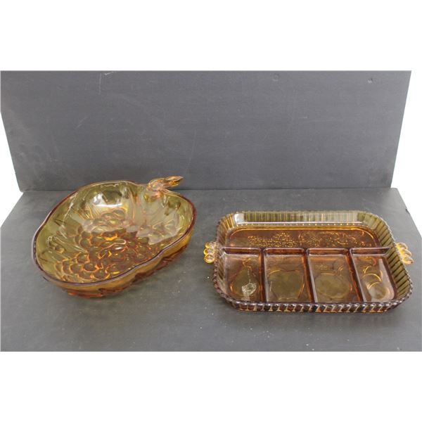 Indiana Amber Glass Platter (12.75" x 9") and Indiana Amber Glass Fruit Bowl (13" x 9.25")