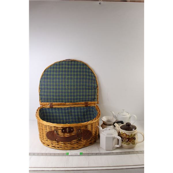 Wicker Picnic Basket, (3) Tea Pots, (1) Kettle