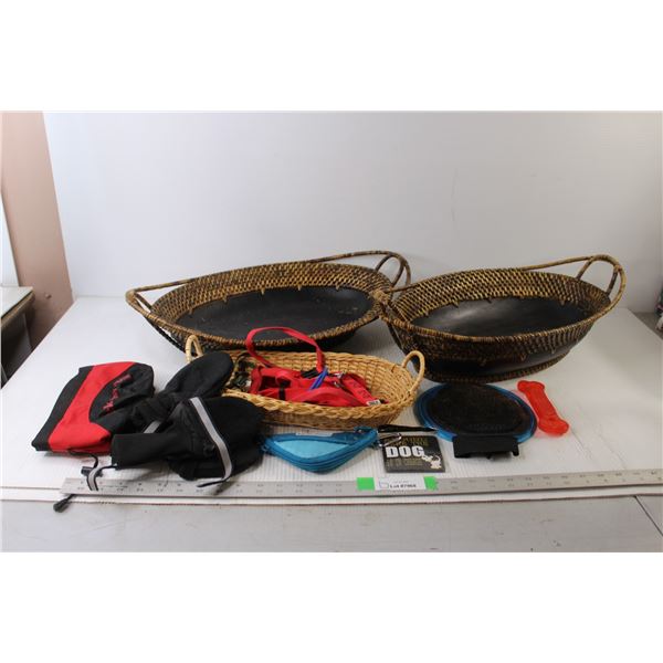(2) Wicker Baskets (20.25" Length) as is, Small Wicker Basket (14" Length), Assorted Doggie Items