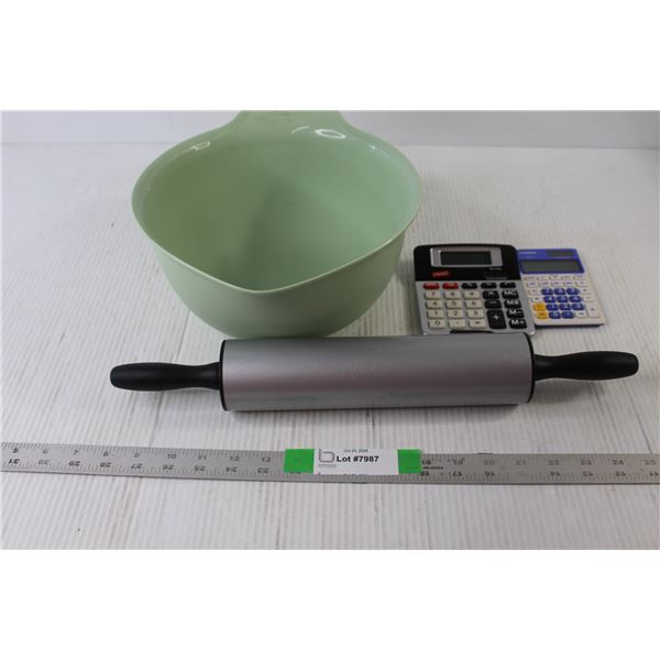 Kitchen Aid Plastic Mixing Bowl, Rolling Pin, (2) Solar Powered Calculators