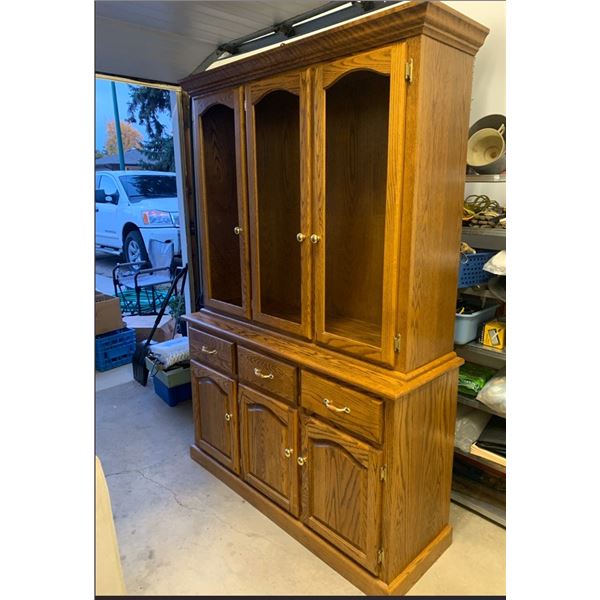 Solid Oak 2 Piece China Cabinet, Light Inside, Glass Included but was removed when stored