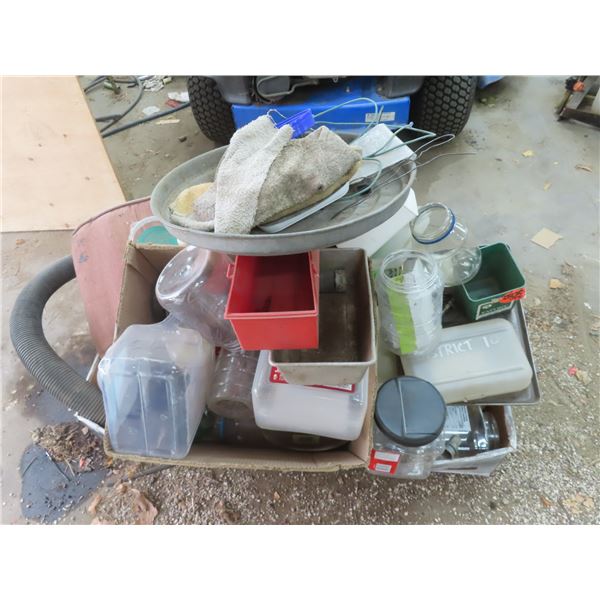 box full of tins and plastic containers big lot