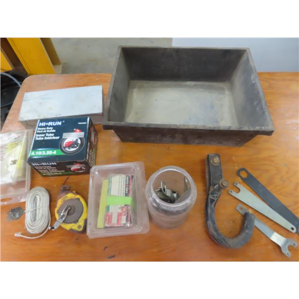 box of staples, chalk line assorted misc.