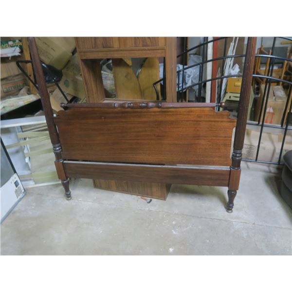 wooden queen size bed frame and rails (headboard 61.5"h x 58.5"w)