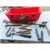 toolbox with hammers, hatchet, small sledge hammer misc