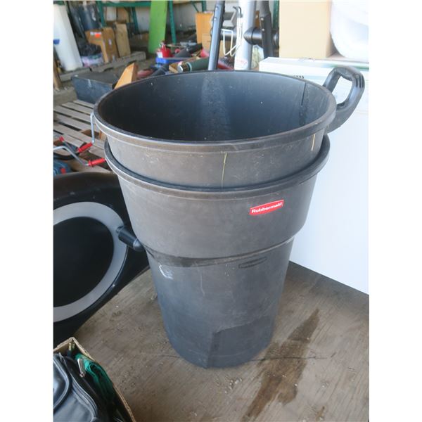 two rubbermaid garbage cans