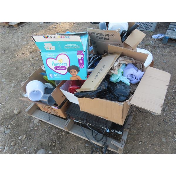 pallet of tv remotes , old modems , household dishes , selfie sticks , misc