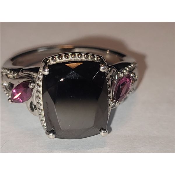 Platinum over Sterling Silver Elite Shungite, Orrisa Rhodolite Garnet Ring in Platinum over Sterling