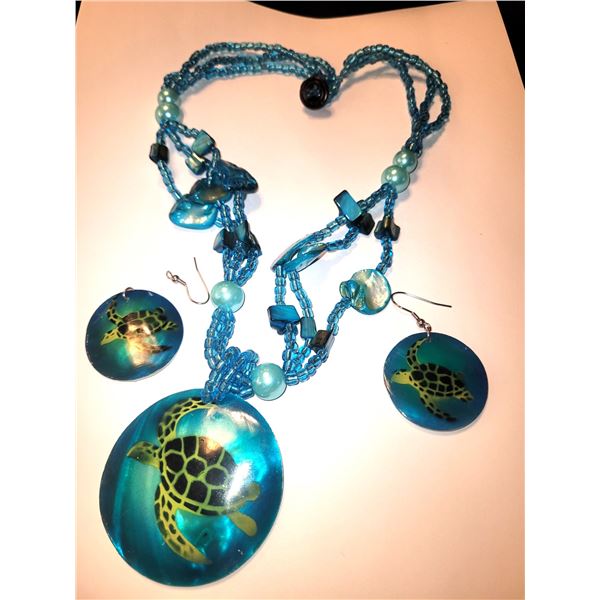 Glass Pearl Sea Turtle Necklace & Earring Set A