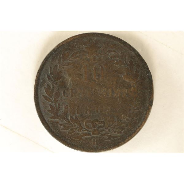 1867-H ITALY COPPER 10 CENTISIMI WITH DENT