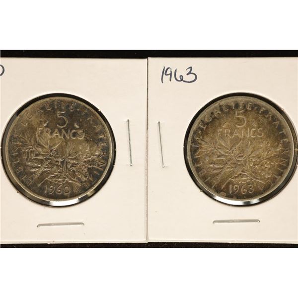 1960 & 1963 SILVER 5 FRANC COINS .3222 OZ. ASW EA
