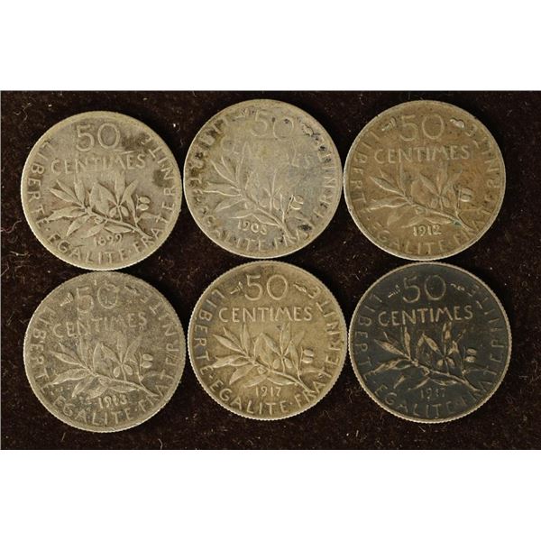 6 FRANCE SILVER 50 CENTIME COINS (1899-1917)