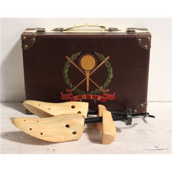 TWO WOODEN SHOE STRETCHERS IN A GOLF THEMED CASE