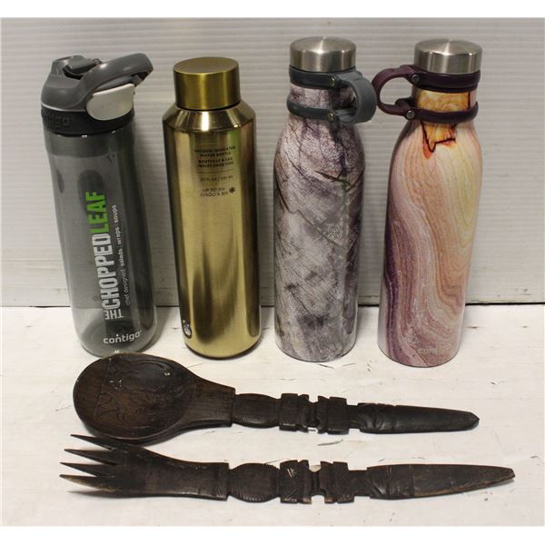 4 WATERBOTTLES & WOOD AFRICAN SALAD FORK & SPOON