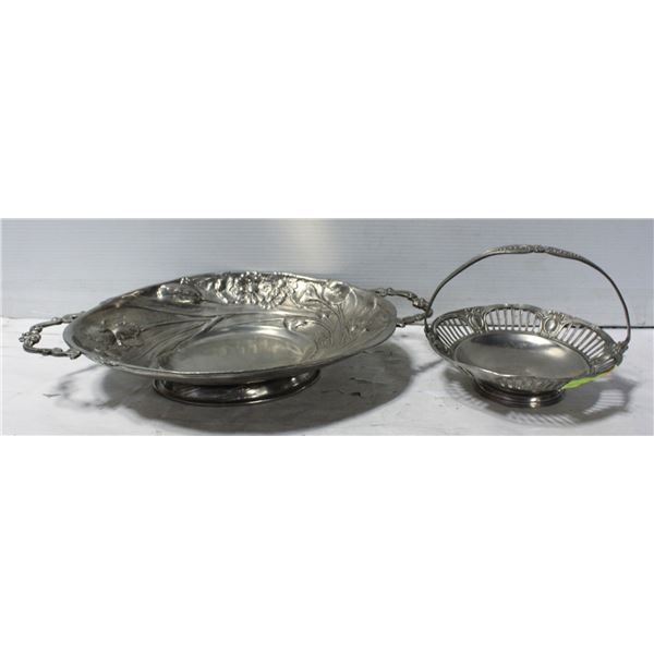 NEW SET OF 2 PEWTER SERVING DISHES, BASKET,