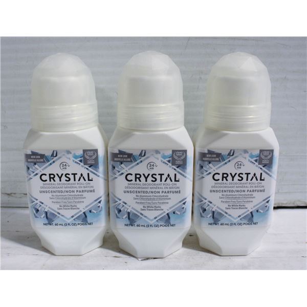 3 NEW CRYSTAL UNSCENTED MINERAL DEODORANT ROLL-ON