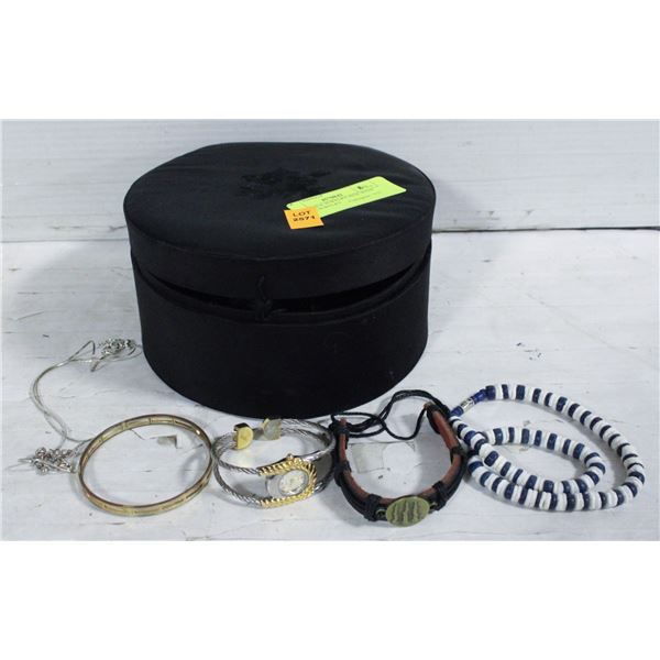 BLACK SILK JEWELRY BOX WITH ESTATE JEWELRY