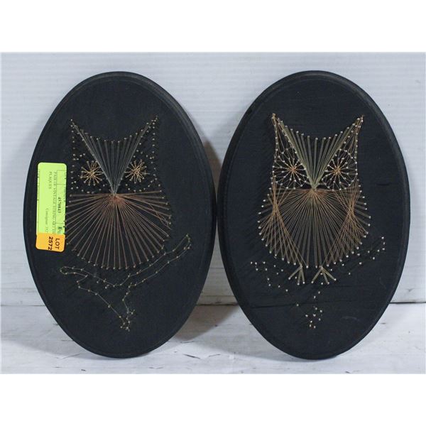 PAIR OF VINTAGE STRING ART OWL PLAQUES