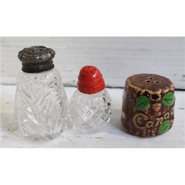 3 VINTAGE SALT/PEPPER SHAKERS ONE WITH SILVER TOP