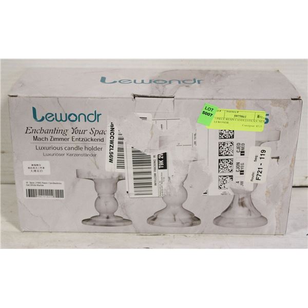 3 PIECE RESIN CANDLESTICKS. NEW. LEWONDR