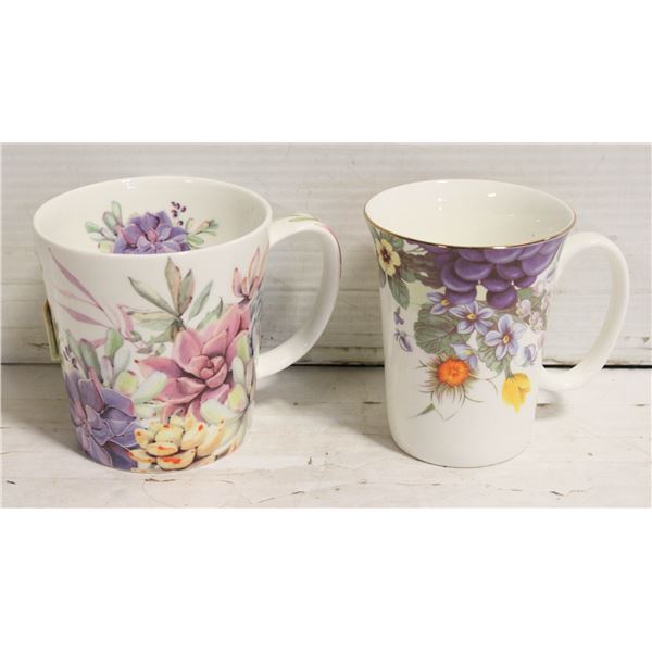 2 NEW FLORAL CERAMIC TEA COFFEE CUPS MUGS