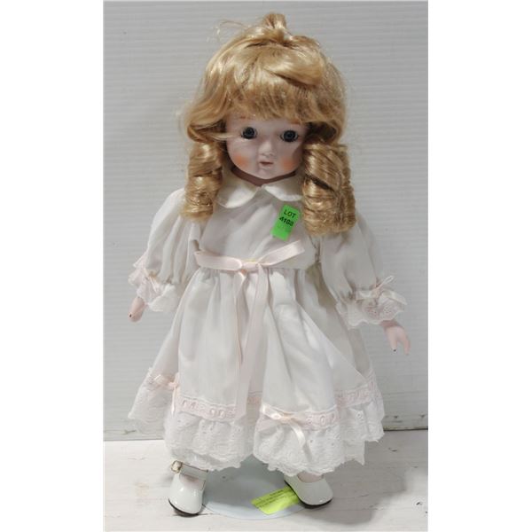 BLONDE PORCELAIN STANDING DOLL IN WHITE DRESS