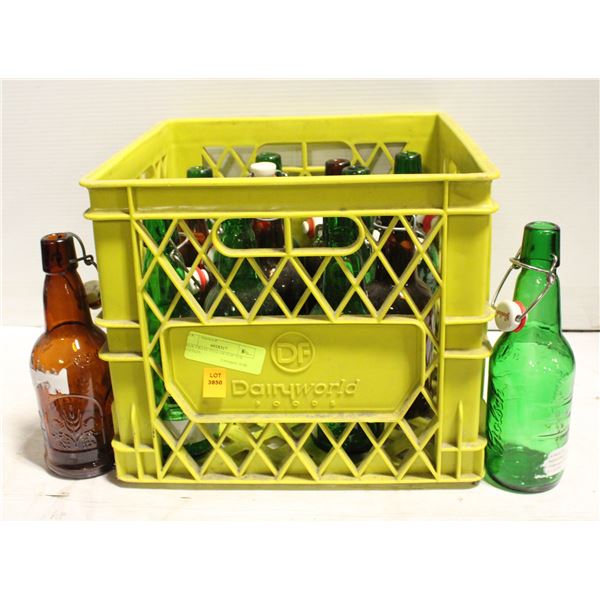 MILK CRATE FULL OF FLIP TOP BOTTLES