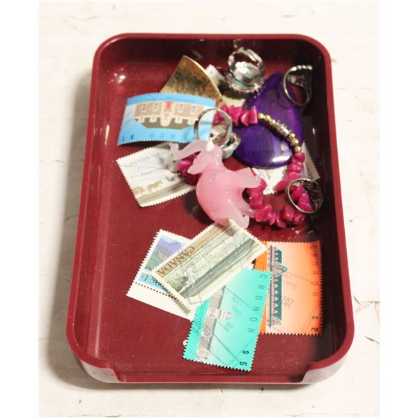 LOT OF ESTATE STAMPS, JEWELRY AND MORE